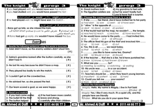 50
-If you had played well, you would have won the match.
-If you had studied well, you would have passed the test.
-‫يمكن‬‫استخدام‬might‫ل‬ً ‫بد‬‫من‬would‫فى‬‫الحالة‬.‫الثالثة‬
-If he had played well, he might have won the match.
-‫لحظ‬‫استخدام‬If‫فى‬‫الجمل‬‫التية‬:
- Rana got up late, so she missed the train.
-‫عند‬‫استخدام‬if‫نفترض‬‫عكس‬‫ما‬‫حدث‬‫و‬‫نستخدم‬‫الحالة‬‫الثالثة‬‫لن‬
‫زمن‬‫الجملة‬‫ماضى‬.
- If Rana had got up early, she wouldn't have missed the bus.
1- Rewrite the following sentences using the words in brackets:
1- Adel didn't move, so the enemy soldiers didn't shoot him.
( If )
………………………………………………………………..……………………………………..
2- Salma's grandma looked after the button carefully, so she
didn't lose it. ( If )
………………………………………………………………..……………………………………..
3- He lost his way because he didn't have a map. ( If )
………………………………………………………………..……………………………………..
4- They played too badly to win the match. ( If )
………………………………………………………………..……………………………………..
5- I couldn't get on the crowded bus. ( If )
………………………………………………………………..……………………………………..
6- He advised her, so she passed the test. ( If )
………………………………………………………………..……………………………………..
7- Our team scored a goal, so we were happy. ( If )
………………………………………………………………..……………………………………..
2- Read and match:
1- If you had come earlier a) if he had been more careful.
2- The bullet hit the thief b) brave and strong.
3- The button helped c) carefully after their children.
4- Good mothers look d) my grandma to feel safe.
5- The Egyptian soldiers are e) but he wasn't badly hurt.
f ) you'd have had a surprise.
3- Choose the correct answer from a, b, c or d:
1- If she ………. her friend, she'd have invited her to her party
a) had seen b) saw c) seen d) 'd have seen
2- " Alive " is the opposite of ………….. .
a) deaf b) dead c) dad d) worried
3- If the tourist had lost the map, he wouldn't ….. the temple.
a) reached b) reach c) reaches d) have reached
4- He would have come to the party ……. I had invited him.
a) so b) but c) if d) although
5- The officer fired his gun at the thief and knocked him …….
a) up b) over c) on d) out
6- Yes, this is all ……….. we need today.
a) that b) what c) this d) which
7- ………… you like to have some tea, Osama?
a) Will b) Would c) Can d) Should
8- If the teacher … that she is a liar, he'd have punished her.
a) knew b) knows c) had known d) known
9- What are you ………… for?
a) meeting b) walking c) watching d) waiting
10- His uncle was ………. in a car accident.
a) sold b) felt c) killed d) taken
11- Teachers should be …. when they teach young learners.
a) impatient b) patient c) sad d) hard
12- Could you tell me …….. your exams?
a) from b) of c) about d) on
4- Finish the following dialogue:
Magdy: Hello. My name is Magdy. I live in Port Said.
Shaker : (1?……….………………………………………………(
Magdy: Yes, I like it very much. It's a quiet city, and the
people here are friendly.
Shaker : What do you do in your spare time?
Magdy: (2…………………………….…………………………… (
 