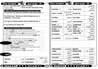 50
Shaker : Are there sports clubs in Pot Said?
Magdy: (3) ……………... . There are also nice parks, shops
and cinemas.
5- Write what you would say in the following situations:
1-It’s very hot. You want your brother to open the window.
………………………………………………………………..……………………………………..
2-Your friend says," Would you mind lending me your
dictionary. You accept.
………………………………………………………………..……………………………………..
3-You ask your friends opinion about mobile phones.
………………………………………………………………..……………………………………..
4- Your friend is ill. Advise him.
………………………………………………………………..……………………………………..
6- Read and correct the underlined word:
1- If he had ask me for advice I'd have helped. …..…………
2- If you come early, you would have met your uncle. ……...
3- If you worked hard you will get a lot of money. ……………
4- The goalkeeper could stop the ball if he jumps high
enough. ……………..
5- We will like to go to the cinema tomorrow. ……………..
6- Our team won the African Nation glass in 2006. ……………
7- She is interested in looking TV every evening. …………….
8- The ocean is smaller than the sea. …………….
9- If they saw him, they would have shot him. …………….
10- Mona would answer the exam if it had been easy. ……...
11- They helped me to feel save. ……………
12- Could you introduce me at your family? ……………
present ‫هديه‬ I was first in ..
‫كنت‬‫الول‬
‫فى‬
like ‫مثل‬ front door ‫الباب‬
‫المامى‬
promise - d ‫يوعد‬ back door
‫الباب‬
‫الخلفى‬
Inside × outside
‫بالداخل‬×
‫بالخارج‬
pump up ‫ينفخ‬
excited ‫منفعل‬ bus stop
‫محطة‬
‫أتوبيس‬
hurried ‫ع‬َ ‫أسر‬ everywhere
‫فى‬‫كل‬
‫مكان‬
smile - d ‫يبتسم‬ cupboard ‫دولب‬
worked hard ‫عمل‬‫بجد‬ finally ‫فى‬‫النهايه‬
revise - d ‫يراجع‬ add - ed ‫يضيف‬
confident ‫واثق‬ describe - d ‫يصف‬
in surprise ‫فى‬‫دهشه‬
pass × fail ‫ينجح‬×
‫يفشل‬
succeed in ‫ينجح‬‫فى‬ in time
‫فى‬‫الوقت‬
‫المناسب‬
information ‫معلومات‬ glasses ‫نظارة‬
writer ‫كاتب‬ sharp knife ‫سكين‬‫حاد‬
travel a lot
‫يسافر‬
‫كثيرا‬
yourself ‫سك‬َ ‫ف‬ْ ‫ن‬َ
my past ‫ي‬ّ ‫ماض‬ carefully ‫بعناية‬
businessman
‫رجل‬
‫أعمال‬
cut your finger
‫تجرح‬
‫إصبعك‬
younger ‫أصغر‬‫سنا‬ instructions ‫تعليمات‬
 