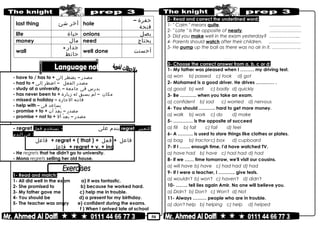 50
last thing ‫آخر‬‫شئ‬ hole
‫حفرة‬–
‫فتحة‬
life ‫حياة‬ onions ‫بصل‬
money ‫مال‬ need ‫يحتاج‬
wall
‫جدار‬-
‫حائط‬
well done ‫أحسنت‬
- have to / has to + ‫مصدر‬–‫يضطر‬‫إلى‬
- had to + ‫مصدر‬‫الفعل‬–‫اضطر‬‫إلى‬
- study at a university. – ‫يدرس‬‫فى‬‫جامعة‬
- has never been to + ‫مكان‬–‫لم‬‫يسبق‬‫له‬‫زيارة‬
- missed a holiday – ‫فاتته‬‫الجازة‬
- help with – ‫يساعد‬‫فى‬
- promise + to + ‫مصدر‬–‫د‬ْ ‫ع‬ِ ‫ي‬َ‫أن‬
- promise + not to + ‫مصدر‬–‫د‬ْ ‫ع‬ِ ‫ي‬َ‫أل‬
- regret ‫يندم‬‫على‬-‫نستخدم‬‫فعل‬ regret ‫للتعبير‬
‫عن‬‫الندم‬ :
‫فاعل‬ + regret + ( that ) + ‫فاعل‬+‫فعل‬
‫فاعل‬ + regret + v. + ing
- He regrets that he didn't go to university.
- Mona regrets selling her old house.
1- Read and match:
1- Ali did well in the exam a) it was fantastic.
2- She promised to b) because he worked hard.
3- My father gave me c) help me in trouble.
4- You should be d) a present for my birthday.
5- The teacher was angry e) confident during the exams.
f ) When I arrived late at school
2- Read and correct the underlined word:
1- " Calm " means quite. …………………
2- " Late " is the opposite of nearly. …………………
3- Did you make well in the exam yesterday? ………………...
4- Parents should watch after their children. …………………
5- He pump up the ball as there was no air in it. ……………….
3- Choose the correct answer from a, b, c or d:
1- My father was pleased when I ……… my driving test.
a) won b) passed c) took d) got
2- Mohamed is a good driver. He drives ………… .
a) good b) well c) badly d) quickly
3- Be ……….. when you take an exam.
a) confident b) sad c) worried d) nervous
4- You should ……….. hard to get more money.
a) walk b) work c) do d) make
5- …………. is the opposite of succeed
a) fill b) fall c) fail d) feel
6- A ………. is used to store things like clothes or plates.
a) bag b) tractorc) box d) cupboard
7- If I ……. enough time, I'd have watched TV.
a) have had b) have c) had had d) had
8- if we …… time tomorrow, we'll visit our cousins.
a) will have b) have c) had had d) had
9- If I were a teacher, I ……….. give tests.
a) wouldn't b) won't c) haven't d) didn't
10- …….. tell lies again Amir. No one will believe you.
a) Didn't b) Don't c) Won't d) Not
11- Always ……… people who are in trouble.
a) don't help b) helping c) help d) helped
 