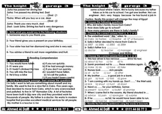 50
Soha has passed her driving test.
Soha: I've passed my driving test, Dad.
Dad : (1?…………….………………………………(
Soha: When will you buy us a car, dear?
Dad : (2. …………….………………………………(
Soha: Thank you very much, dad.
Dad : Look Soha. Driving too fast is very dangerous.
)3…………….………………………………(
2- Write what you would say in the following situations:
1- Someone says to you thank you.
………………………………………………………………..……………………………………..
2- Your friend gives you a present on your birthday.
………………………………………………………………..……………………………………..
3- Your sister has lost her diamond ring and she is very sad.
………………………………………………………………..……………………………………..
4- You advise a friend to eat more vegetables and fruit.
………………………………………………………………..……………………………………..
B) Reading Comprehension
3- Read and match:
1- You would have fallen a) If you run quickly.
2- If I were you b) if he had enough money.
3- If I hadn't climbed the tree c) if you don't run quickly.
4- You will miss the bus d) I wouldn't have fallen.
5- He'd buy a bike e) I'd call the police.
f ) if you hadn't been careful.
4- Read the following passage, then answer the questions:
I'm Sally I want to tell you something about myself and my
family. We used to live in a nice flat in Cairo. Five years ago,
Dad decided to move from Cairo, which is very overcrowded
and polluted, to live in 10th
Ramadan City. A lot of factories
have been built in this new city and they provided work for
thousands of people. My father is a doctor. He works in modern
hospital that provides excellent medical services for all people.
My mother is a teacher in the
same school where I learn. We're lucky because my father
takes us in his car to school. I've got one brother. He's an
engineer . He's very happy because he has found a job in
Toshka. Really this project will change the map of Egypt.
A- Answer the following questions:
I- Why did Sally's family move from Cairo?
2- How does Sally go to school?
3- How many persons are there in Sally's family?
B- Choose the correct answer from a, b, c or d:
4- The underlined word “ this ” refers to ………………. .
a) Cairo b) Toshka c) Hospital d) 10th
of Ramadan
5- Sally's father decided to move from Cairo in
a) 2007 b) 2006 c) 2005 d) 2004
6- Sally's father is a …………..
a) doctor b) teacher c) manager d) engineer
C) Usage and Writing
5- Choose the correct answer from a, b, c or d:
1- This taxi driver is too nervous ……… drive his taxi.
a) about b) too c) for d) to
2- Samir promised not to …….. these mistakes again.
a) make b) do c) have d) take
3- Nurses look ………. sick people.
a) at b) for c) out d) after
4- My brother ……… a good job in a bank.
a) got b) took c) told d) gave
5- "I am coming with my hands up. Don't ……" the thief said.
a) kick b) shout c) hunt d) shoot
6- Here's a …… for your birthday, Samar.
a) present b) button c) bullet d) promise
7- When I came first in the exams. My friend shouted in …
a) advice b) pain c) apologise d) surprise
8- If he …………… so fat, he would have been able to run.
a) had b) had be c) hadn't be d) hadn't been
6- Rewrite the following sentences using the words in brackets:
 