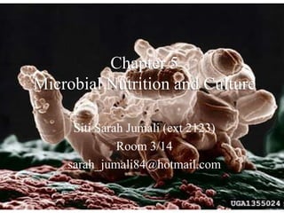 Chapter 5 Microbial Nutrition and Culture Siti Sarah Jumali (ext 2123) Room 3/14 sarah_jumali84@hotmail.com 