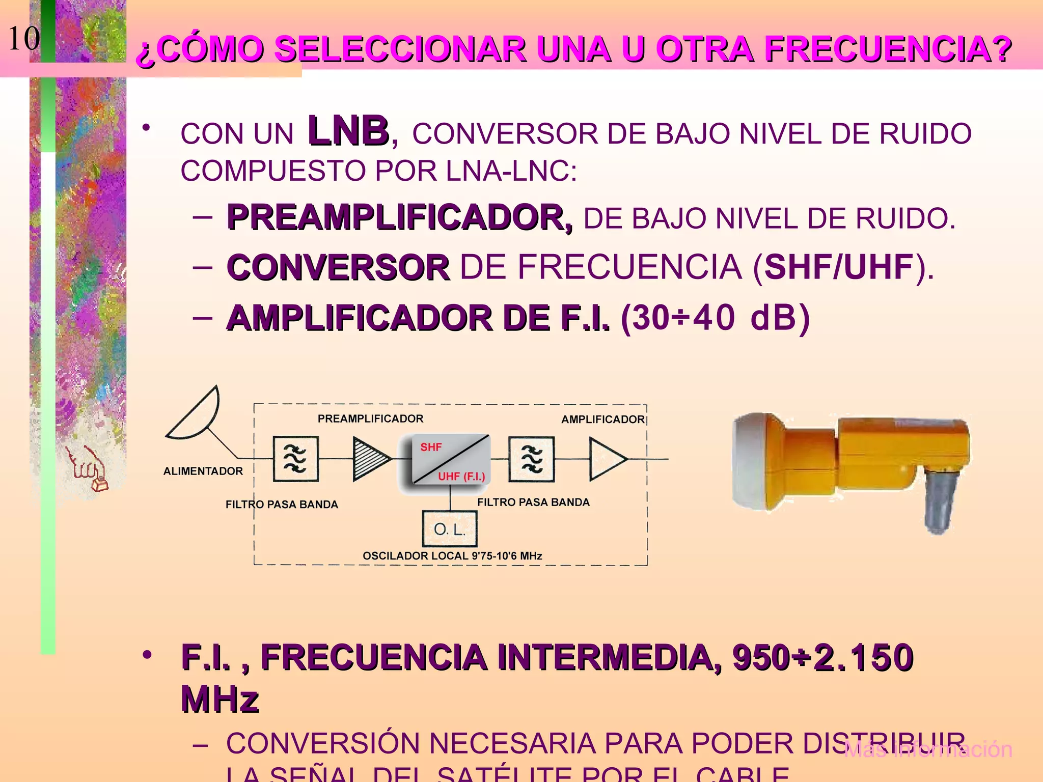 10   ¿CÓMO SELECCIONAR UNA U OTRA FRECUENCIA?

     •   CON UN LNB, CONVERSOR DE BAJO NIVEL DE RUIDO
                LNB
         COMPUESTO POR LNA-LNC:
         –   PREAMPLIFICADOR, DE BAJO NIVEL DE RUIDO.
         –   CONVERSOR DE FRECUENCIA (SHF/UHF).
         –   AMPLIFICADOR DE F.I. (30÷40 dB)




     • F.I. , FRECUENCIA INTERMEDIA, 950÷2.150
       MHz
         – CONVERSIÓN NECESARIA PARA PODER DISTRIBUIR
                                              Más información
 