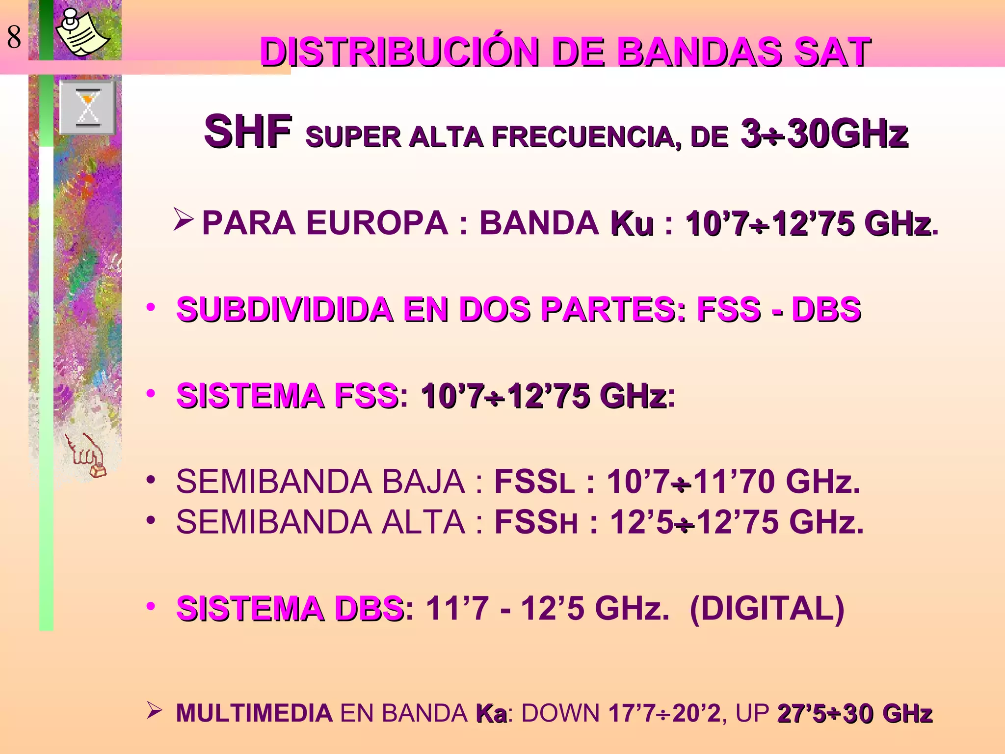 8
            DISTRIBUCIÓN DE BANDAS SAT

        SHF SUPER ALTA FRECUENCIA, DE 3÷ 30GHz
      PARA EUROPA : BANDA Ku : 10’7÷ 12’75 GHz.
                                            GHz

    • SUBDIVIDIDA EN DOS PARTES: FSS - DBS

    • SISTEMA FSS: 10’7÷ 12’75 GHz:
              FSS              GHz

    • SEMIBANDA BAJA : FSSL : 10’7÷ 11’70 GHz.
    • SEMIBANDA ALTA : FSSH : 12’5÷ 12’75 GHz.

    • SISTEMA DBS: 11’7 - 12’5 GHz. (DIGITAL)
              DBS

     MULTIMEDIA EN BANDA Ka: DOWN 17’7÷20’2, UP 27’5÷30 GHz
                          Ka
 