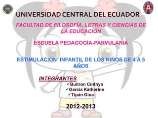 UNIVERSIDAD CENTRAL DEL ECUADOR
FACULTAD DE FILOSOFÍA, LETRAS Y CIENCIAS DE
               LA EDUCACIÓN

     ESCUELA PEDAGOGÍA-PARVULARIA


ESTIMULACION INFANTIL DE LOS NIÑOS DE 4 A 5
                 AÑOS

       INTEGRANTES
                Buitron Cinthya
                Garcia Katherine
                 Tipán Gina

                2012-2013
 