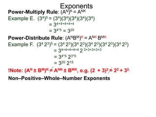 Power-Multiply Rule: (AN)K = ANK
Example E. (34)5 = (34)(34)(34)(34)(34)
= 34+4+4+4+4
= 34*5 = 320
Exponents
Power-Distribute Rule: (ANBM)K = ANK BMK
Example F. (34 23)5 = (34 23)(34 23)(34 23)(34 23)(34 23)
= 34+4+4+4+4 2 3+3+3+3+3
= 34*5 23*5
= 320 215
Non–Positive–Whole–Number Exponents
!Note: (AN ± BM)K = ANK ± BMK, e.g. (2 + 3)2 = 22 + 32.
 