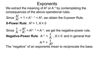 Exponents
Since = 1 = A1 – 1 = A0, we obtain the 0-power Rule.
A1
A1
Since = = A0 – 1 = A–1, we get the negative-power rule.
1
A
A0
A1
Negative-Power Rule: A–1 =
1
A
0-Power Rule: A0 = 1, A = 0
, A = 0
We extract the meaning of A0 or A–1 by contemplating the
consequences of the above operational rules.
and in general that
1
AK
The “negative” of an exponents mean to reciprocate the base.
A–K =
 