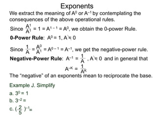 Exponents
Since = 1 = A1 – 1 = A0, we obtain the 0-power Rule.
A1
A1
Since = = A0 – 1 = A–1, we get the negative-power rule.
1
A
A0
A1
Negative-Power Rule: A–1 =
1
A
Example J. Simplify
c. ( )–12
5
b. 3–2 =
a. 30 = 1
0-Power Rule: A0 = 1, A = 0
, A = 0
We extract the meaning of A0 or A–1 by contemplating the
consequences of the above operational rules.
and in general that
1
AK
The “negative” of an exponents mean to reciprocate the base.
A–K =
=
 