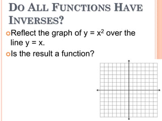 DO ALL FUNCTIONS HAVE
INVERSES?
the graph of y = x2 over the
line y = x.
Is the result a function?
Reflect

 