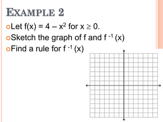 EXAMPLE 2
f(x) = 4 – x2 for x 0.
Sketch the graph of f and f -1 (x)
Find a rule for f -1 (x)
Let

 