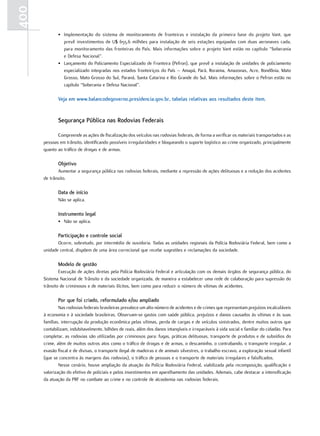 400
             • Implementação do sistema de monitoramento de fronteiras e instalação da primeira base do projeto Vant, que
               prevê investimentos de U$ 655,6 milhões para instalação de seis estações equipadas com duas aeronaves cada,
               para monitoramento das fronteiras do País. Mais informações sobre o projeto Vant estão no capítulo “Soberania
               e Defesa Nacional”.
             • Lançamento do Policiamento Especializado de Fronteira (Pefron), que prevê a instalação de unidades de policiamento
               especializado integradas nos estados fronteiriços do País – Amapá, Pará, Roraima, Amazonas, Acre, Rondônia, Mato
               Grosso, Mato Grosso do Sul, Paraná, Santa Catarina e Rio Grande do Sul. Mais informações sobre o Pefron estão no
               capítulo “Soberania e Defesa Nacional”.

             Veja em www.balancodegoverno.presidencia.gov.br, tabelas relativas aos resultados deste item.


             segurança Pública nas rodovias Federais

             Compreende as ações de fiscalização dos veículos nas rodovias federais, de forma a verificar os materiais transportados e as
      pessoas em trânsito, identificando possíveis irregularidades e bloqueando o suporte logístico ao crime organizado, principalmente
      quanto ao tráfico de drogas e de armas.

             Objetivo
             Aumentar a segurança pública nas rodovias federais, mediante a repressão de ações delituosas e a redução dos acidentes
      de trânsito.

             Data de início
             Não se aplica.

             instrumento legal
             • Não se aplica.

             Participação e controle social
             Ocorre, sobretudo, por intermédio de ouvidoria. Todas as unidades regionais da Polícia Rodoviária Federal, bem como a
      unidade central, dispõem de uma área correcional que recebe sugestões e reclamações da sociedade.

             Modelo de gestão
              Execução de ações diretas pela Polícia Rodoviária Federal e articulação com os demais órgãos de segurança pública, do
      Sistema Nacional de Trânsito e da sociedade organizada, de maneira a estabelecer uma rede de colaboração para supressão do
      trânsito de criminosos e de materiais ilícitos, bem como para reduzir o número de vítimas de acidentes.

             Por que foi criado, reformulado e/ou ampliado
              Nas rodovias federais brasileiras prevalece um alto número de acidentes e de crimes que representam prejuízos incalculáveis
      à economia e à sociedade brasileiras. Observam-se gastos com saúde pública, prejuízos e danos causados às vítimas e às suas
      famílias, interrupção da produção econômica pelas vítimas, perda de cargas e de veículos sinistrados, dentre muitos outros que
      contabilizam, indubitavelmente, bilhões de reais, além dos danos intangíveis e irreparáveis à vida social e familiar do cidadão. Para
      completar, as rodovias são utilizadas por criminosos para: fugas, práticas delituosas, transporte de produtos e de subsídios do
      crime, além de muitos outros atos como o tráfico de drogas e de armas, o descaminho, o contrabando, o transporte irregular, a
      evasão fiscal e de divisas, o transporte ilegal de madeiras e de animais silvestres, o trabalho escravo, a exploração sexual infantil
      (que se concentra às margens das rodovias), o tráfico de pessoas e o transporte de materiais irregulares e falsificados.
              Nesse cenário, houve ampliação da atuação da Polícia Rodoviária Federal, viabilizada pela recomposição, qualificação e
      valorização do efetivo de policiais e pelos investimentos em aparelhamento das unidades. Ademais, cabe destacar a intensificação
      da atuação da PRF no combate ao crime e no controle de alcoolemia nas rodovias federais.
 