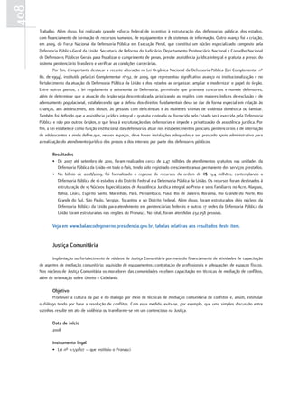 408
      Trabalho. Além disso, foi realizado grande esforço federal de incentivo à estruturação das defensorias públicas dos estados,
      com financiamento de formação de recursos humanos, de equipamentos e de sistemas de informação. Outro avanço foi a criação,
      em 2009, da Força Nacional da Defensoria Pública em Execução Penal, que constitui um núcleo especializado composto pela
      Defensoria Pública-Geral da União, Secretaria de Reforma do Judiciário, Departamento Penitenciário Nacional e Conselho Nacional
      de Defensores Públicos Gerais para fiscalizar o cumprimento de penas, prestar assistência jurídica integral e gratuita a presos do
      sistema penitenciário brasileiro e verificar as condições carcerárias.
              Por fim, é importante destacar a recente alteração na Lei Orgânica Nacional da Defensoria Pública (Lei Complementar nº
      80, de 1994), instituída pela Lei Complementar no132, de 2009, que representou significativo avanço na institucionalização e no
      fortalecimento da atuação da Defensoria Pública da União e dos estados ao organizar, ampliar e modernizar o papel do órgão.
      Entre outros pontos, a lei regulamenta a autonomia da Defensoria, permitindo que promova concursos e nomeie defensores,
      além de determinar que a atuação do órgão seja descentralizada, priorizando as regiões com maiores índices de exclusão e de
      adensamento populacional, estabelecendo que a defesa dos direitos fundamentais deva se dar de forma especial em relação às
      crianças, aos adolescentes, aos idosos, às pessoas com deficiências e às mulheres vítimas de violência doméstica ou familiar.
      Também foi definido que a assistência jurídica integral e gratuita custeada ou fornecida pelo Estado será exercida pela Defensoria
      Pública e não por outros órgãos, o que leva à estruturação das defensorias e impede a privatização da assistência jurídica. Por
      fim, a Lei estabelece como função institucional das defensorias atuar nos estabelecimentos policiais, penitenciários e de internação
      de adolescentes e ainda define,que, nesses espaços, deve haver instalações adequadas e ser prestado apoio administrativo para
      a realização do atendimento jurídico dos presos e dos internos por parte dos defensores públicos.

             resultados
             • De 2007 até setembro de 2010, foram realizados cerca de 2,47 milhões de atendimentos gratuitos nas unidades da
               Defensoria Pública da União em todo o País, tendo sido registrado crescimento anual permanente dos serviços prestados.
             • No biênio de 2008/2009, foi formalizado o repasse de recursos da ordem de R$ 13,4 milhões, contemplando a
               Defensoria Pública de 16 estados e do Distrito Federal e a Defensoria Pública da União. Os recursos foram destinados à
               estruturação de 19 Núcleos Especializados de Assistência Jurídica Integral ao Preso e seus Familiares no Acre, Alagoas,
               Bahia, Ceará, Espírito Santo, Maranhão, Pará, Pernambuco, Piauí, Rio de Janeiro, Roraima, Rio Grande do Norte, Rio
               Grande do Sul, São Paulo, Sergipe, Tocantins e no Distrito Federal. Além disso, foram estruturados dois núcleos da
               Defensoria Pública da União para atendimento em penitenciárias federais e outras 17 sedes da Defensoria Pública da
               União foram estruturadas nas regiões do Pronasci. No total, foram atendidas 232.258 pessoas.

             Veja em www.balancodegoverno.presidencia.gov.br, tabelas relativas aos resultados deste item.


             Justiça comunitária

             Implantação ou fortalecimento de núcleos de Justiça Comunitária por meio do financiamento de atividades de capacitação
      de agentes de mediação comunitária; aquisição de equipamentos; contratação de profissionais e adequações de espaços físicos.
      Nos núcleos de Justiça Comunitária os moradores das comunidades recebem capacitação em técnicas de mediação de conflitos,
      além de orientação sobre Direito e Cidadania.

             Objetivo
             Promover a cultura da paz e do diálogo por meio de técnicas de mediação comunitária de conflitos e, assim, estimular
      o diálogo tendo por base a resolução de conflitos. Com essa medida, evita-se, por exemplo, que uma simples discussão entre
      vizinhos resulte em ato de violência ou transforme-se em um contencioso na Justiça.

             Data de início
             2008

             instrumento legal
             • Lei nº 11.530/07 – que instituiu o Pronasci
 
