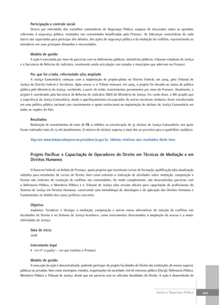 Participação e controle social
        Ocorre por intermédio dos conselhos comunitários de Segurança Pública, espaços de discussões sobre as questões
referentes à segurança pública, instalados nas comunidades beneficiadas pelo Pronasci. As lideranças comunitárias de cada
bairro são capacitadas para participar dos debates, das ações de segurança pública e da mediação de conflitos, representando os
moradores em suas principais demandas e necessidades.

       Modelo de gestão
       A ação é executada por meio de parcerias com as defensorias públicas, ministérios públicos, tribunais estaduais de Justiça
e a Secretaria de Reforma do Judiciário, envolvendo ainda articulação com estados e municípios que aderiram ao Pronasci.

       Por que foi criado, reformulado e/ou ampliado
        A Justiça Comunitária começou com a implantação de projeto-piloto no Distrito Federal, em 2004, pelo Tribunal de
Justiça do Distrito Federal e Territórios. Após vencer o 2o Prêmio Innovare, em 2005, o projeto foi elevado ao status de política
pública pelo Ministério da Justiça, recebendo, a partir de então, investimentos permanentes por meio do Pronasci. Atualmente, o
projeto é coordenado pela Secretaria de Reforma do Judiciário (SRJ) do Ministério da Justiça. Em razão disso, a SRJ propôs que
a experiência da Justiça Comunitária, aliada a aperfeiçoamentos incorporados de outras iniciativas similares, fosse transformada
em uma política pública nacional com investimentos e apoio institucional na implantação de núcleos de Justiça Comunitária em
todas as regiões do País.

       resultados
       Realização de investimentos de mais de R$ 12 milhões na estruturação de 37 núcleos de Justiça Comunitária, nos quais
foram realizados mais de 72 mil atendimentos. O número de núcleos superou a meta dos 20 previstos para o quadriênio 2008/2011.

       Veja em www.balancodegoverno.presidencia.gov.br, tabelas relativas aos resultados deste item.


       Projeto Pacificar e capacitação de Operadores do Direito em técnicas de Mediação e em
       Direitos Humanos

       O Governo Federal, no âmbito do Pronasci, apoia projetos que incentivam cursos de formação, qualificação e/ou atualização
voltados para estudantes de cursos de Direito, bem como estimula a realização de atividades sobre mediação, composição e
formas não violentas de resolução de conflitos nas comunidades. De modo complementar, são desenvolvidas parcerias com
a Defensoria Pública, o Ministério Público e o Tribunal de Justiça e/ou escolas oficiais para capacitação de profissionais do
Sistema de Justiça em Direitos Humanos, construindo uma metodologia de abordagem e de aplicação dos Direitos Humanos e
Fundamentais no âmbito dos casos jurídicos concretos.

       Objetivo
        Implantar, fortalecer e divulgar a mediação, composição e outros meios alternativos de solução de conflitos nas
faculdades de Direito e no Sistema de Justiça brasileiro, como instrumentos direcionados à ampliação do acesso e a maior
efetividade da Justiça.

       Data de início
       2008

       instrumento legal
       • Lei nº 11.530/07 – Lei que instituiu o Pronasci

       Modelo de gestão
        A execução da ação é descentralizada, podendo participar do projeto faculdades de Direito das instituições de ensino superior
públicas ou privadas, bem como municípios, estados, organizações da sociedade civil de interesse público (Oscip), Defensoria Pública,
Ministério Público e Tribunal de Justiça, desde que em parceria com as referidas faculdades de Direito. A ação é desenvolvida de



                                                                                                        Justiça e Segurança Pública     409
 