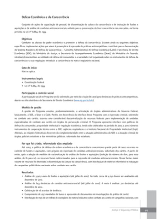Defesa econômica e da concorrência

        Conjunto de ações de capacitação de pessoal, de disseminação da cultura da concorrência e de instrução de fusões e
aquisições e de análise de condutas anticoncorrenciais voltado para a preservação da livre concorrência nos mercados, na forma
prevista na Lei nº 8.884, de 1994

       Objetivos
        Combater os abusos do poder econômico e promover a defesa da concorrência. Existem ainda os seguintes objetivos
específicos: implementar ações que visem à prevenção e à repressão de práticas anticompetitivas; contribuir para a harmonização
do Sistema Brasileiro de Defesa da Concorrência – Conselho Administrativo de Defesa Econômica (Cade) e Secretaria de Direito
Econômico (SDE), do Ministério da Justiça, e Secretaria de Acompanhamento Econômico (Seae), do Ministério da Fazenda;
introduzir/conscientizar as entidades de defesa do consumidor e a sociedade civil organizada sobre os instrumentos de defesa da
concorrência e a sua regulação; introduzir a concorrência no marco regulatório nacional.

       Data de início
       Não se aplica.

       instrumentos legais
       • Constituição Federal
       • Lei nº 8.884, de 1994

       Participação e controle social
       A participação social no Programa se dá, sobretudo, por meio da criação de canal para denúncias de práticas anticompetitivas,
aberto no sítio eletrônico da Secretaria de Direito Econômico (www.mj.gov.br/sde).

       Modelo de gestão
       A gestão do Programa envolve, predominantemente, a articulação de órgãos administrativos do Governo Federal,
basicamente, a SDE, a Seae e o Cade. Porém, em decorrência da interface desse Programa com a repressão criminal, sobretudo
no combate aos cartéis, ocorreu uma considerável descentralização de recursos federais para implementação de unidades
especializadas de combate aos cartéis em órgãos de persecução criminal. O Programa apresenta interface com políticas de
defesa do consumidor, propriedade intelectual e regulação econômica, tendo sido celebrados no período de 2003 a 2010 inúmeros
instrumentos de cooperação técnica entre a SDE, agências reguladoras e o Instituto Nacional de Propriedade Intelectual (Inpi).
Ademais, as relações federativas decorrem da complementaridade entre a atuação administrativa da SDE e a atuação criminal de
órgãos policiais estaduais e dos ministérios públicos, sobretudo dos estaduais.

       Por que foi criado, reformulado e/ou ampliado
        Até 2003, a política de defesa da ordem econômica e da concorrência concentrava grande parte de seus recursos no
controle de fusões e aquisições, com prejuízo da repressão de condutas anticoncorrenciais, sobretudo dos cartéis. A partir de
então, após a adoção de medidas de racionalização da análise de fusões e aquisições (redução do número de dias, para essa
análise, de 81 para 12), os recursos foram redirecionados para a repressão de condutas anticoncorrenciais. Dessa forma, maior
volume de recursos foi destinado à disseminação da cultura da concorrência, com distribuição de material informativo e realização
de campanhas publicitárias nacionais sobre combate aos cartéis..

       resultados
       • Análise de 3.905 casos de fusões e aquisições (até julho de 2010). Ao todo, cerca de 4.150 devem ser analisados até
         dezembro de 2010.
       • Análise de 653 denúncias de conduta anticoncorrencial (até julho de 2010). A meta é analisar 710 denúncias até
         dezembro de 2010.
       • Celebração de 18 acordos de leniência.
       • Cumprimento de 297 mandados de busca e apreensão de documentos em investigações de prática de cartel.
       • Distribuição de mais de um milhão de exemplares de material educativo sobre combate aos cartéis em campanhas nacionais, com



                                                                                                       Justiça e Segurança Pública     415
 