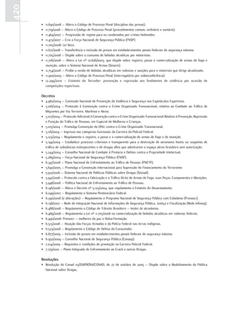 420
      • 11.690/2008 – Altera o Código de Processo Penal (disciplina das provas).
      • 11.719/2008 – Altera o Código de Processo Penal (procedimentos comum, ordinário e sumário).
      • 11.464/2007 – Progressão de regime para os condenados por crimes hediondos.
      • 11.473/2007 – Cria a Força Nacional de Segurança Pública (FNSP).
      • 11.705/2008: Lei Seca.
      • 11.671/2008 – Transferência e inclusão de presos em estabelecimentos penais federais de segurança máxima.
      • 11.705/2008 – Dispõe sobre o consumo de bebidas alcoólicas por motoristas.
      • 11.706/2008 – Altera a Lei nº 10.826/2003, que dispõe sobre registro, posse e comercialização de armas de fogo e
        munição, sobre o Sistema Nacional de Armas (Sinarm).
      • 11.754/2008 – Proíbe a venda de bebidas alcoólicas em rodovias e sanções para o motorista que dirige alcoolizado.
      • 11.900/2009 – Altera o Código de Processo Penal (interrogatório por videoconferência).
      • 12.299/2010 – Estatuto do Torcedor: prevenção e repressão aos fenômenos de violência por ocasião de
        competições esportivas.

      Decretos
      • 4.960/2004 – Comissão Nacional de Prevenção da Violência e Segurança nos Espetáculos Esportivos.
      • 5.016/2004 – Protocolo à Convenção contra o Crime Organizado Transnacional, relativo ao Combate ao Tráfico de
        Migrantes por Via Terrestre, Marítima e Aérea.
      • 5.017/2004 – Protocolo Adicional à Convenção contra o Crime Organizado Transnacional Relativo à Prevenção, Repressão
        e Punição do Tráfico de Pessoas, em Especial de Mulheres e Crianças.
      • 5.015/2004 – Promulga Convenção da ONU contra o Crime Organizado Transnacional.
      • 5.116/2004 – Ingresso nas categorias funcionais da Carreira da Policial Federal.
      • 5.123/2004 – Regulamenta o registro, a posse e a comercialização de armas de fogo e de munição.
      • 5.144/2004 – Estabelece processo criterioso e transparente para a destruição de aeronaves hostis ou suspeitas de
        tráfico de substâncias entorpecentes e de drogas afins que adentrarem o espaço aéreo brasileiro sem autorização.
      • 5.244/2004 – Conselho Nacional de Combate à Pirataria e Delitos contra a Propriedade Intelectual.
      • 5.289/2004 – Força Nacional de Segurança Pública (FNSP).
      • 6.347/2008 – Plano Nacional de Enfrentamento ao Tráfico de Pessoas (PNETP).
      • 5.640/2005 – Promulga a Convenção Internacional para Supressão do Financiamento do Terrorismo
      • 5.912/2006 – Sistema Nacional de Políticas Públicas sobre Drogas (Sisnad).
      • 5.941/2006 – Protocolo contra a Fabricação e o Tráfico Ilícito de Armas de Fogo, suas Peças, Componentes e Munições.
      • 5.948/2006 – Política Nacional de Enfrentamento ao Tráfico de Pessoas.
      • 6.146/2006 – Altera o Decreto nº 5.123/2004, que regulamenta o Estatuto do Desarmamento.
      • 6.049/2007 – Regulamenta o Sistema Penitenciário Federal.
      • 6.390/2008 (e alterações) – Regulamenta o Programa Nacional de Segurança Pública com Cidadania (Pronasci).
      • 6.138/2007 – Rede de Integração Nacional de Informações de Segurança Pública, Justiça e Fiscalização (Rede Infoseg).
      • 6.488/2008 – Regulamenta o Código de Trânsito Brasileiro – testes de alcoolemia.
      • 6.489/2008 – Regulamenta a Lei nº 11.705/2008 na comercialização de bebidas alcoólicas em rodovias federais.
      • 6.490/2008: Pronasci – mulheres da paz e Bolsa-Formação.
      • 6.513/2008 – Atuação das Forças Armadas e da Polícia Federal nas terras indígenas.
      • 6.523/2008 – Regulamenta o Código de Defesa do Consumidor.
      • 6.877/2009 – Inclusão de presos em estabelecimentos penais federais de segurança máxima.
      • 6.950/2009 – Conselho Nacional de Segurança Pública (Conasp).
      • 7.014/2009 – Requisitos e condições de promoção na Carreira Policial Federal.
      • 7.179/2010 – Plano Integrado de Enfrentamento ao Crack e outras Drogas.

      resoluções
      • Resolução do Conad 03/GSIPR/SH/CONAD, de 27 de outubro de 2005 – Dispõe sobre o Realinhamento da Política
        Nacional sobre Drogas.
 