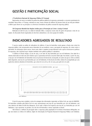 gestÃO e ParticiPaçÃO sOcial
       1ª conferência nacional de segurança Pública (1ª conseg)
        Representou um marco no modelo de gestão das políticas públicas de segurança, permeando o crescente envolvimento da
sociedade. Nessa linha, a 1ª Conseg, realizada em 2009, reuniu centenas de milhares de pessoas (mais de 500 mil) para debater
e definir quais devem ser os princípios e as diretrizes orientadoras da política nacional de segurança pública.

       Xii congresso Mundial das nações unidas para a Prevenção ao crime e Justiça criminal
       Realizado em abril de 2010, na cidade de Salvador (BA), o congresso reuniu mais de quatro mil pessoas e mais de 120
nações. As discussões foram organizadas em oito itens substantivos e em cinco grupos de trabalho.




       inDicaDOres agregaDOs De resultaDO
        É preciso cautela na análise de indicadores de violência. A taxa de homicídios revela apenas a faceta mais visível da
segurança pública, não incorporando outras dimensões de sua existência, como a percepção de segurança, de crimes contra o
patrimônio, de vitimização, dentre outros. Assim como, dado o complexo arranjo federativo sob o qual se estruturam as políticas
de segurança, não é possível traçar relações imediatas entre políticas públicas e indicadores.
        A violência no Brasil chegou, no ano de 2003, a um valor de 28,9 homicídios por cem mil habitantes. Este dado foi o
máximo observado em toda uma série histórica que se apresentou de forma crescente desde 1980. No entanto, a partir de 2004,
a taxa por cem mil habitantes de homicídios inicia um processo de decréscimo, alcançando, em 2008, ano que se refere ao último
dado disponível, uma taxa de 25,6 homicídios por cem mil habitantes. O decréscimo do índice relativo foi acompanhado por uma
queda dos números absolutos de homicídios, que caíram de cerca de 51 mil, em 2003, para 48,6 mil, em 2008.


                                           EVOLUÇÃO DA TAXA DE HOMICÍDIOS NO BRASIL - 1980 A 2008
                       30
                       28
                       26
                       24
                       22
                       20
                       18
                       16
                       14
                       12
                       10
                        8
                        6
                        4
                        2
                        0
                             2006
                             2000

                             2002

                             2004
                             2003




                             2007
                             2005



                             2008
                             1999
                             1990




                             1994
                             1989
                             1980




                             1998
                             1984




                             1992
                             1988




                             1995
                             1982




                             1993



                             1996




                             2001
                             1983

                             1985
                             1986




                             1997
                             1987




                              1991
                              1981




                  Fonte: SIM/Datasus.



       O ano de 2004 marca também o início da contagem das informações registradas na Polícia Civil, por meio do SINESPJC.
Os homicídios contados pela Polícia Civil em 2005 representavam uma taxa de 24,0 homicídios por cem mil habitantes, com
uma cobertura de dados de 87% das delegacias. Já em 2008, a Polícia Civil registrou uma taxa de 22,2 homicídios por cem mil
habitantes, o que representa, no período, cerca de três mil homicídios a menos registrados no Brasil.
       Vale destacar a melhoria da percepção sobre a segurança pelas populações de territórios intraurbanos deflagrados, em
que são maiores os índices de violência, objeto de intervenções do Programa Nacional de Segurança Pública com Cidadania.




                                                                                                    Justiça e Segurança Pública   421
 