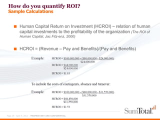How do you quantify ROI?
 Sample Calculations


      ■ Human Capital Return on Investment (HCROI) – relation of human
           capital investments to the profitability of the organization (The ROI of
           Human Capital, Jac Fitz-enz, 2000)


      ■ HCROI = (Revenue – Pay and Benefits)/(Pay and Benefits)




Page 29 - April 9, 2012 – PROPRIETARY AND CONFIDENTIAL
 