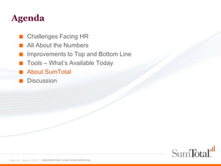 Agenda

      ■    Challenges Facing HR
      ■    All About the Numbers
      ■    Improvements to Top and Bottom Line
      ■    Tools – What’s Available Today
      ■    About SumTotal
      ■    Discussion




Page 43 - April 9, 2012 – PROPRIETARY AND CONFIDENTIAL
 