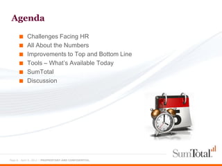 Agenda

      ■    Challenges Facing HR
      ■    All About the Numbers
      ■    Improvements to Top and Bottom Line
      ■    Tools – What’s Available Today
      ■    SumTotal
      ■    Discussion




Page 8 - April 9, 2012 – PROPRIETARY AND CONFIDENTIAL
 