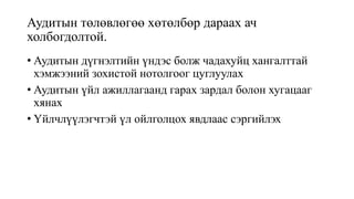 Аудитын төлөвлөгөө хөтөлбөр дараах ач
холбогдолтой.
• Аудитын дүгнэлтийн үндэс болж чадахуйц хангалттай
хэмжээний зохистой нотолгоог цуглуулах
• Аудитын үйл ажиллагаанд гарах зардал болон хугацааг
хянах
• Үйлчлүүлэгчтэй үл ойлголцох явдлаас сэргийлэх
 