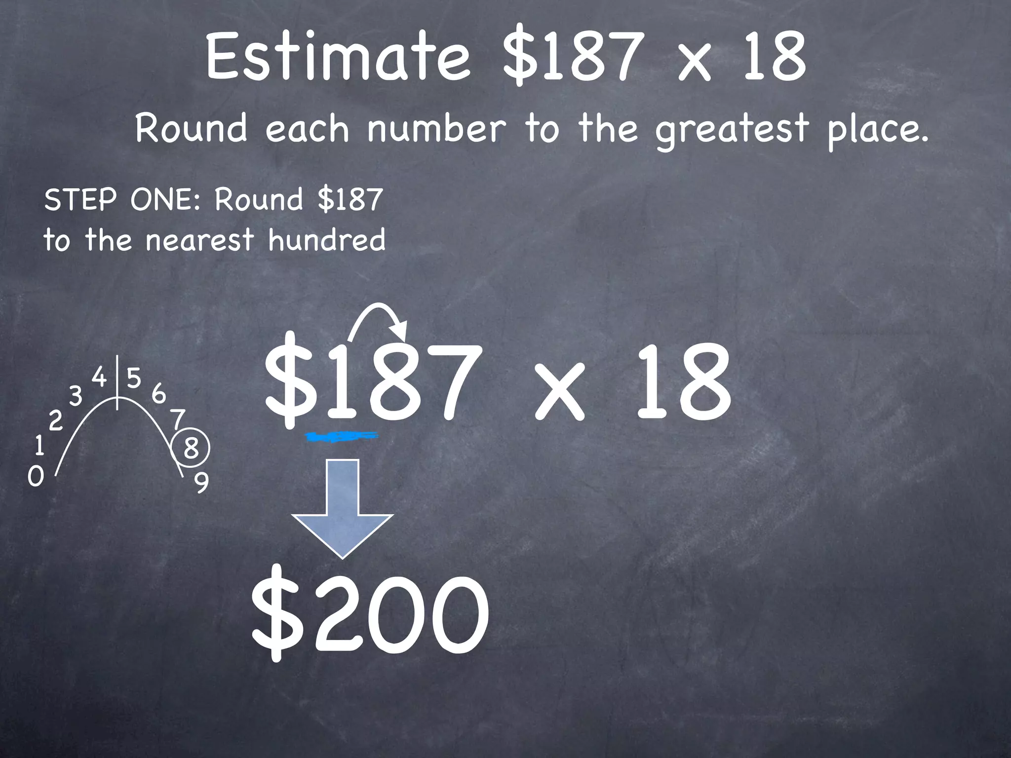 Estimate $187 x 18
              Round each number to the greatest place.
STEP ONE: Round $187
to the nearest hundred




1
    2
        3
            4 5
                  6
                      7
                       8
                            $187 x 18
0                       9




                            $200
 