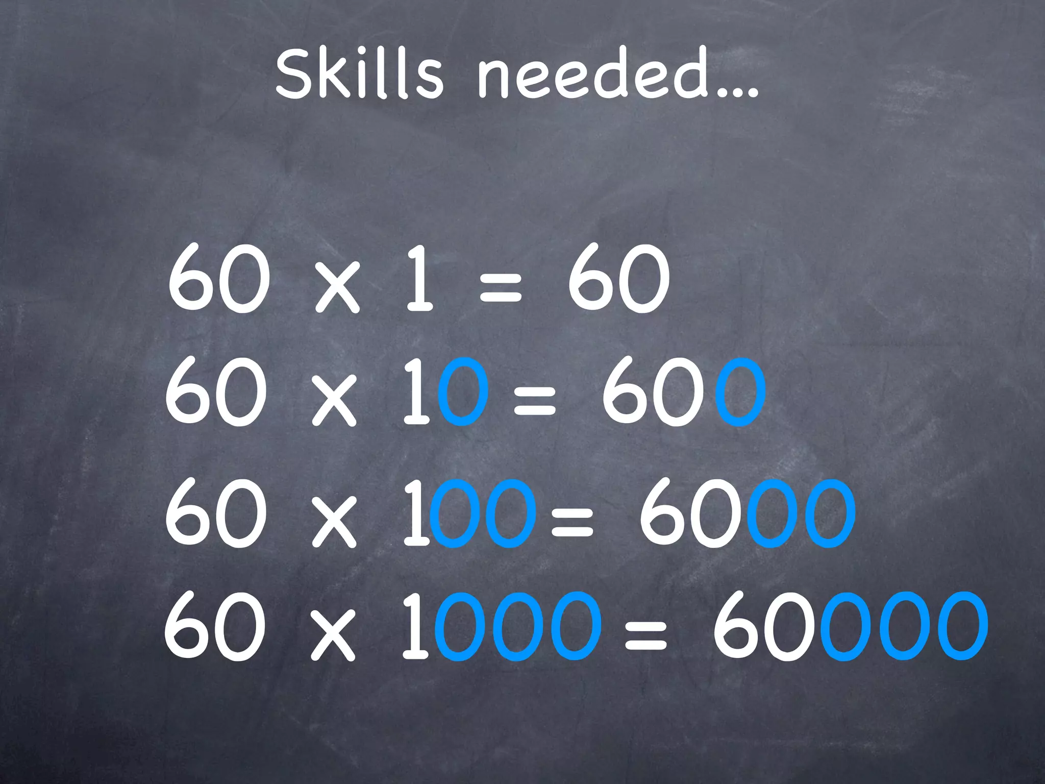 Skills needed...

60   x   1 = 60
60   x   10 = 60 0
60   x   100 = 6000
60   x   1000 = 600 00
 