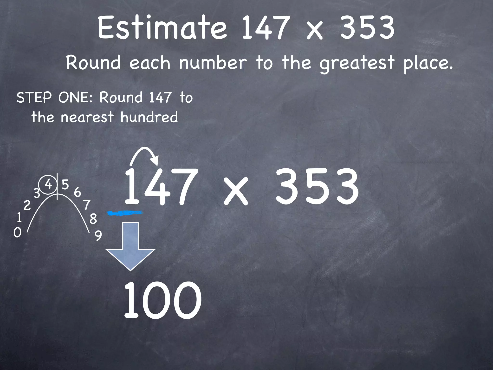 Estimate 147 x 353
              Round each number to the greatest place.
STEP ONE: Round 147 to
  the nearest hundred




1
    2
        3
            4 5
                  6
                      7
                       8
                            147 x 353
0                       9




                            100
 