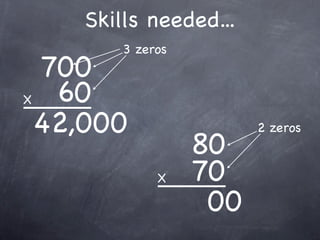 Skills needed...
        3 zeros
  700
X  60
  42,000                2 zeros
                  80
             X    70
                   00
 