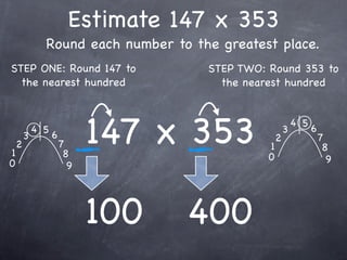 Estimate 147 x 353
              Round each number to the greatest place.
STEP ONE: Round 147 to               STEP TWO: Round 353 to
  the nearest hundred                  the nearest hundred




1
    2
        3
            4 5
                  6
                      7
                       8
                            147 x 353          1
                                               0
                                                   2
                                                       3
                                                           4 5
                                                                 6
                                                                     7
                                                                      8
0                                                                      9
                        9




                            100   400
 