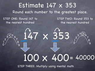 Estimate 147 x 353
              Round each number to the greatest place.
STEP ONE: Round 147 to                           STEP TWO: Round 353 to
  the nearest hundred                              the nearest hundred




1
    2
        3
            4 5
                  6
                      7
                       8
                            147 x 353                       1
                                                            0
                                                                2
                                                                    3
                                                                        4 5
                                                                              6
                                                                                  7
                                                                                   8
0                                                                                   9
                        9




                            100 x 400 = 40000
                       STEP THREE: Multiply using mental math
 