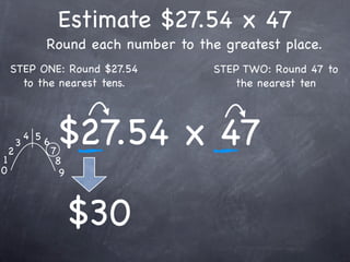 Estimate $27.54 x 47
                  Round each number to the greatest place.
    STEP ONE: Round $27.54                STEP TWO: Round 47 to
      to the nearest tens.                   the nearest ten




1
    2
        3
            4 5
                  6
                      7
                       $27.54 x 47
                       8
0                       9



                            $30
 