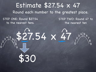 Estimate $27.54 x 47
                  Round each number to the greatest place.
    STEP ONE: Round $27.54                STEP TWO: Round 47 to
      to the nearest tens.                   the nearest ten




1
    2
        3
            4 5
                  6
                      7
                       $27.54 x 47                 1
                                                   0
                                                       2
                                                           3
                                                               4 5
                                                                     6
                                                                         7
                                                                          8
                       8                                                   9
0                       9



                            $30
 