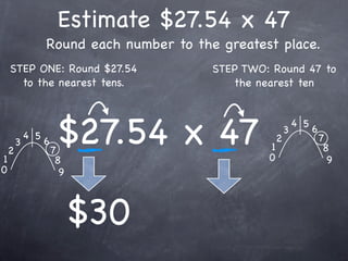 Estimate $27.54 x 47
                  Round each number to the greatest place.
    STEP ONE: Round $27.54                STEP TWO: Round 47 to
      to the nearest tens.                   the nearest ten




1
    2
        3
            4 5
                  6
                      7
                       $27.54 x 47                 1
                                                   0
                                                       2
                                                           3
                                                               4 5
                                                                     6
                                                                         7
                                                                          8
                       8                                                   9
0                       9



                            $30
 