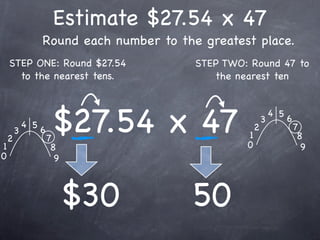 Estimate $27.54 x 47
                  Round each number to the greatest place.
    STEP ONE: Round $27.54                STEP TWO: Round 47 to
      to the nearest tens.                   the nearest ten




1
    2
        3
            4 5
                  6
                      7
                       $27.54 x 47                 1
                                                   0
                                                       2
                                                           3
                                                               4 5
                                                                     6
                                                                         7
                                                                          8
                       8                                                   9
0                       9



                            $30          50
 