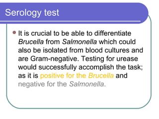 Serology test

  Itis crucial to be able to differentiate
   Brucella from Salmonella which could
   also be isolated from blood cultures and
   are Gram-negative. Testing for urease
   would successfully accomplish the task;
   as it is positive for the Brucella and
   negative for the Salmonella.
 