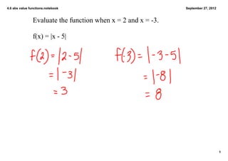 4.6 abs value functions.notebook                               September 27, 2012



                Evaluate the function when x = 2 and x = ­3.

                f(x) = |x ­ 5|




                                                                                    1
 