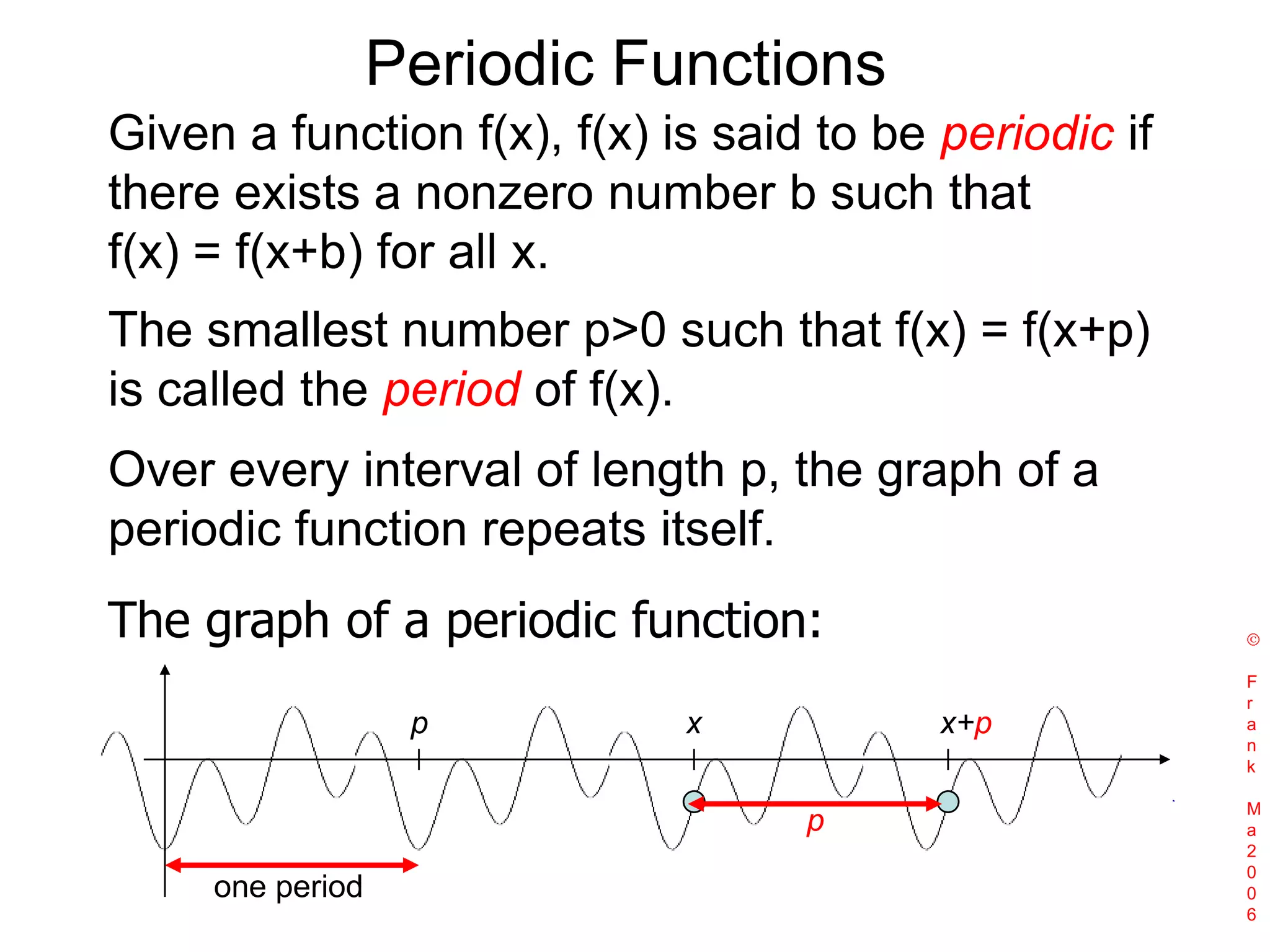 Periodic FunctionsGiven a function f(x), f(x) is said to be periodic if there exists a nonzero number b such that f(x) = f(x+b) for all x.The smallest number p>0 such that f(x) = f(x+p) is called the period of f(x). Over every interval of length p, the graph of a periodic function repeats itself. The graph of a periodic function: Frank Ma2006pxx+ppone period