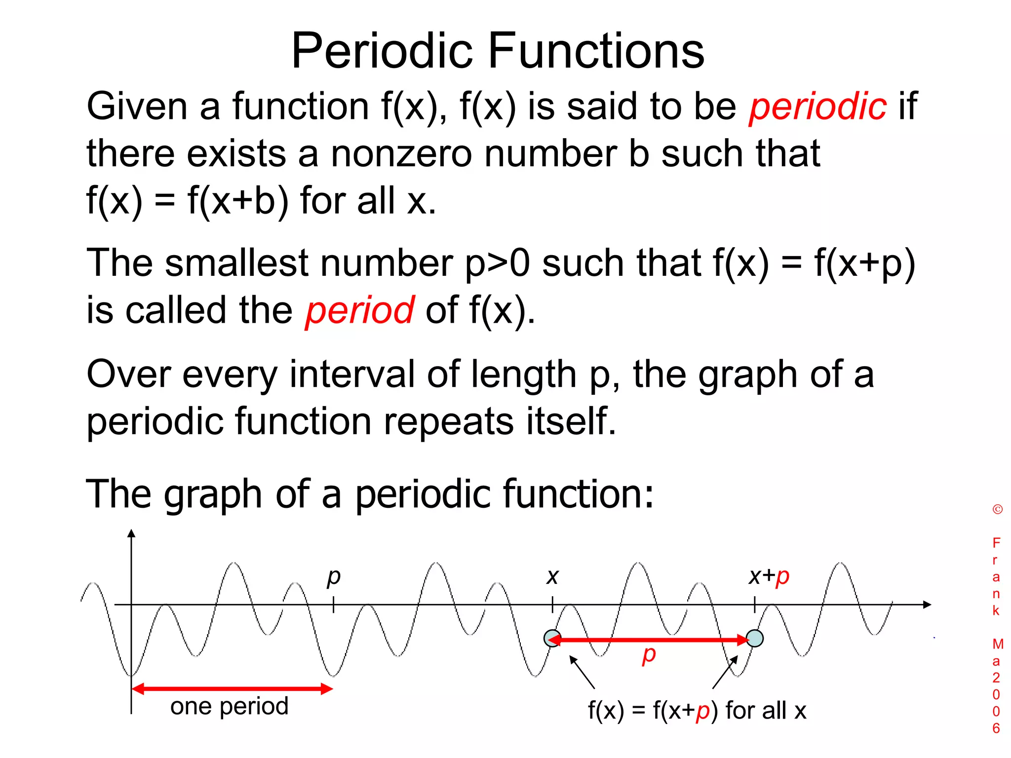 Periodic FunctionsGiven a function f(x), f(x) is said to be periodic if there exists a nonzero number b such that f(x) = f(x+b) for all x.The smallest number p>0 such that f(x) = f(x+p) is called the period of f(x). Over every interval of length p, the graph of a periodic function repeats itself. The graph of a periodic function: Frank Ma2006pxx+ppone periodf(x) = f(x+p) for all x