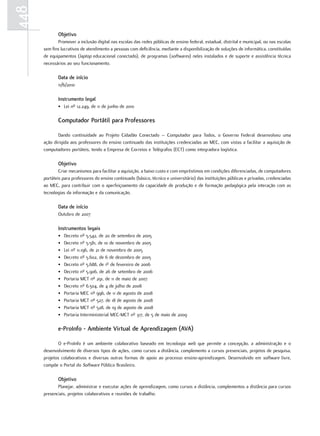 448
             objetivo
             Promover a inclusão digital nas escolas das redes públicas de ensino federal, estadual, distrital e municipal, ou nas escolas
      sem fins lucrativos de atendimento a pessoas com deficiência, mediante a disponibilização de soluções de informática, constituídas
      de equipamentos (laptop educacional conectado), de programas (softwares) neles instalados e de suporte e assistência técnica
      necessários ao seu funcionamento.

             Data de início
             11/6/2010

             Instrumento legal
             • Lei nº 12.249, de 11 de junho de 2010

             computador Portátil para Professores

             Dando continuidade ao Projeto Cidadão Conectado – Computador para Todos, o Governo Federal desenvolveu uma
      ação dirigida aos professores do ensino continuado das instituições credenciadas ao MEC, com vistas a facilitar a aquisição de
      computadores portáteis, tendo a Empresa de Correios e Telégrafos (ECT) como integradora logística.

             objetivo
              Criar mecanismos para facilitar a aquisição, a baixo custo e com empréstimos em condições diferenciadas, de computadores
      portáteis para professores do ensino continuado (básico, técnico e universitário) das instituições públicas e privadas, credenciadas
      ao MEC, para contribuir com o aperfeiçoamento da capacidade de produção e de formação pedagógica pela interação com as
      tecnologias da informação e da comunicação.

             Data de início
             Outubro de 2007

             Instrumentos legais
             •   Decreto nº 5.542, de 20 de setembro de 2005
             •   Decreto nº 5.581, de 10 de novembro de 2005
             •   Lei nº 11.196, de 21 de novembro de 2005
             •   Decreto nº 5.602, de 6 de dezembro de 2005
             •   Decreto nº 5.688, de 1º de fevereiro de 2006
             •   Decreto nº 5.906, de 26 de setembro de 2006
             •   Portaria MCT nº 291, de 11 de maio de 2007
             •   Decreto nº 6.504, de 4 de julho de 2008
             •   Portaria MEC nº 996, de 11 de agosto de 2008
             •   Portaria MCT nº 527, de 18 de agosto de 2008
             •   Portaria MCT nº 528, de 19 de agosto de 2008
             •   Portaria Interministerial MEC-MCT nº 317, de 5 de maio de 2009

             e-ProInfo - ambiente Virtual de aprendizagem (aVa)

             O e-ProInfo é um ambiente colaborativo baseado em tecnologia web que permite a concepção, a administração e o
      desenvolvimento de diversos tipos de ações, como cursos a distância, complemento a cursos presenciais, projetos de pesquisa,
      projetos colaborativos e diversas outras formas de apoio ao processo ensino-aprendizagem. Desenvolvido em software livre,
      compõe o Portal do Software Público Brasileiro.

             objetivo
             Planejar, administrar e executar ações de aprendizagem, como cursos a distância, complementos a distância para cursos
      presenciais, projetos colaborativos e reuniões de trabalho.
 