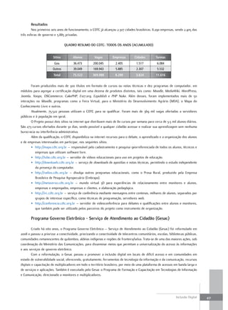 Resultados
        Nos primeiros seis anos de funcionamento, o CDTC já alcançou 2.307 cidades brasileiras, 8.290 empresas, sendo 2.405 das
três esferas de governo e 5.885 privadas.

                                QuaDRo REsuMo Do cDtc: toDos os anos (acuMulaDo)


                       Sítios         Alunos          Vagas        Empresas        Cidades         Turmas
                        Gov.          36.473         200.045          2.405          1.517          6.084
                       Outros         39.049         169.943          5.885          2.307          5.532
                        Total         75.522         369.988         8.290           3.824         11.616


        Foram produzidos mais de 300 títulos em formato de cursos ou notas técnicas e dez programas de computador, em
módulos para agregar a certificação digital em uma dezena de produtos distintos, tais como: Moodle, MediaWiki, WordPress,
Joomla, Xoops, OSCommerce, CakePHP, E107.org, Ezpublish e PHP Nuke. Além desses, foram implementados mais de 50
interações no Moodle, programas como a Feira Virtual, para o Ministério do Desenvolvimento Agrário (MDA), o Mapa do
Conhecimento Livre e outros.
        Atualmente, 75.522 pessoas utilizam o CDTC para se qualificar. Foram mais de 369 mil vagas ofertadas a servidores
públicos e à população em geral.
        O Projeto possui dois sítios na internet que distribuem mais de 80 cursos por semana para cerca de 3,5 mil alunos diários.
São 273 cursos ofertados durante 30 dias, sendo possível a qualquer cidadão acessar e realizar sua aprendizagem sem nenhuma
burocracia ou interferência administrativa.
        Além da qualificação, o CDTC disponibiliza na internet recursos para o debate, o aprendizado e a organização dos alunos
e de empresas interessadas em participar, nos seguintes sítios:
        • http://mapa.cdtc.org.br – responsável pelo cadastramento e pesquisa georreferenciada de todos os alunos, técnicos e
           empresas que utilizam software livre.
        • http://tube.cdtc.org.br – servidor de vídeos educacionais para uso em projetos de educação.
        • http://downloads.cdtc.org.br – serviço de downloads de apostilas e notas técnicas, permitindo o estudo independente
           da presença do computador.
        • http://radios.cdtc.org.br – divulga outros programas educacionais, como o Prosa Rural, produzido pela Empresa
           Brasileira de Pesquisa Agropecuária (Embrapa).
        • http://metaverso.cdtc.org.br – mundo virtual 3D para experiências de relacionamento entre monitores e alunos,
           empresas e empregados, empresas e clientes, e elaboração pedagógica.
        • http://irc.cdtc.org.br – serviço de conferência mediante mensagens entre centenas, milhares de alunos, separados por
           grupos de interesse específico, como técnicas de programação, servidores web.
        • http://conferencia.cdtc.org.br – servidor de videoconferência para debates e qualificações entre alunos e monitores,
           que também pode ser utilizado pelos parceiros do projeto como instrumento de organização.

       Programa governo Eletrônico - serviço de atendimento ao cidadão (gesac)

         Criado há oito anos, o Programa Governo Eletrônico – Serviço de Atendimento ao Cidadão (Gesac) foi reformulado em
2008 e passou a priorizar a conectividade, priorizando a conectividade de telecentros comunitários, escolas, bibliotecas públicas,
comunidades remanescentes de quilombos, aldeias indígenas e regiões de fronteira/selva. Trata-se de uma das maiores ações, sob
coordenação do Ministério das Comunicações, para disseminar meios que permitam a universalização do acesso às informações
e aos serviços de governo eletrônico.
         Com a reformulação, o Gesac passou a promover a inclusão digital em locais de difícil acesso e em comunidades em
estado de vulnerabilidade social, oferecendo, gratuitamente, ferramentas de tecnologia da informação e da comunicação, recursos
digitais e capacitação de multiplicadores em todo o território brasileiro, por meio de uma plataforma de acessos em banda larga e
de serviços e aplicações. Também é executado pelo Gesac o Programa de Formação e Capacitação em Tecnologias de Informação
e Comunicação, direcionado a monitores e multiplicadores.




                                                                                                                  Inclusão Digital   431
 