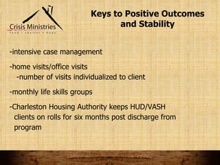 Keys to Positive Outcomes and Stability -intensive case management -home visits/office visits -number of visits individualized to client -monthly life skills groups -Charleston Housing Authority keeps HUD/VASH clients on rolls for six months post discharge from program 