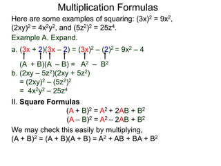 Multiplication Formulas 
Here are some examples of squaring: (3x)2 = 9x2, 
(2xy)2 = 4x2y2, and (5z2)2 = 25z4. 
Example A. Expand. 
a. (3x + 2)(3x – 2) = (3x)2 – (2)2 = 9x2 – 4 
(A + B)(A – B) = A2 – B2 
b. (2xy – 5z2)(2xy + 5z2) 
= (2xy)2 – (5z2)2 
= 4x2y2 – 25z4 
II. Square Formulas 
(A + B)2 = A2 + 2AB + B2 
(A – B)2 = A2 – 2AB + B2 
We may check this easily by multiplying, 
(A + B)2 = (A + B)(A + B) = A2 + AB + BA + B2 
 