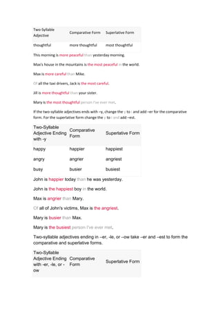 Two-Syllable
                       Comparative Form        Superlative Form
Adjective

thoughtful             more thoughtful         most thoughtful

This morning is more peaceful than yesterday morning.

Max's house in the mountains is the most peaceful in the world.

Max is more careful than Mike.

Of all the taxi drivers, Jack is the most careful.

Jill is more thoughtful than your sister.

Mary is the most thoughtful person I've ever met.

If the two-syllable adjectives ends with –y, change the y to i and add –er for the comparative
form. For the superlative form change the y to i and add –est.

Two-Syllable
                 Comparative
Adjective Ending                               Superlative Form
                 Form
with -y

happy                  happier                 happiest

angry                  angrier                 angriest

busy                   busier                  busiest

John is happier today than he was yesterday.

John is the happiest boy in the world.

Max is angrier than Mary.

Of all of John's victims, Max is the angriest.

Mary is busier than Max.

Mary is the busiest person I've ever met.

Two-syllable adjectives ending in –er, -le, or –ow take –er and –est to form the
comparative and superlative forms.

Two-Syllable
Adjective Ending Comparative
                                               Superlative Form
with -er, -le, or - Form
ow
 