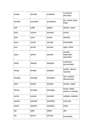 humeante,
smoky     smokier    smokiest
                                 ahumado

                                 liso, suave, llano,
smooth    smoother   smoothest
                                 fluido

soft      softer     softest     blando, suave

soon      sooner     soonest     pronto

sore      sorer      sorest      dolorido

sorry     sorrier    sorriest    lamentable

sour      sourer     sourest     agrio, ácido

                                 picante,
spicy     spicier    spiciest    especiado,
                                 sazonado

                                 empinado,
steep     steeper    steepest
                                 pronunciado

                                 tacaño, rácano,
stingy    stingier   stingiest
                                 raquítico

                                 raro, extraño,
strange   stranger   strangest
                                 desconocido

strict    stricter   strictest   estricto, rígido

                                 fuerte, sólido,
strong    stronger   strongest
                                 intenso, marcado

sunny     sunnier    sunniest    soleado, radiante

sweaty    sweatier   sweatiest   sudoroso

sweet     sweeter    sweetest    dulce

tall      taller     tallest     alto

tan       tanner     tannest     bronceado,
 