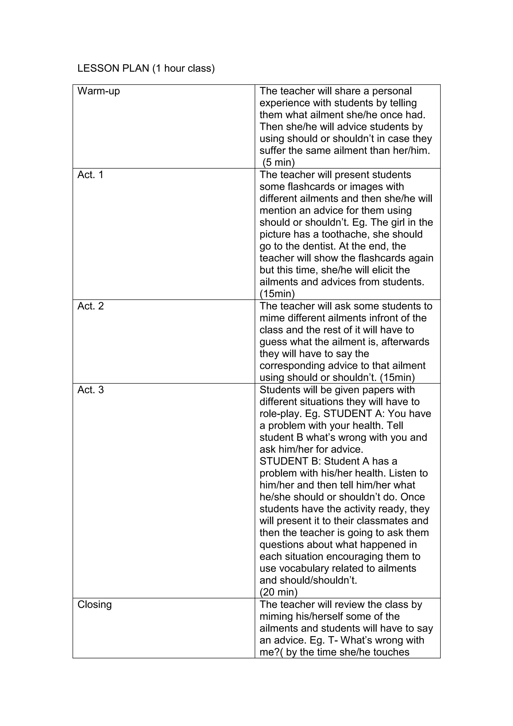 LESSON PLAN (1 hour class)

Warm-up                      The teacher will share a personal
                             experience with students by telling
                             them what ailment she/he once had.
                             Then she/he will advice students by
                             using should or shouldn‟t in case they
                             suffer the same ailment than her/him.
                              (5 min)
Act. 1                       The teacher will present students
                             some flashcards or images with
                             different ailments and then she/he will
                             mention an advice for them using
                             should or shouldn‟t. Eg. The girl in the
                             picture has a toothache, she should
                             go to the dentist. At the end, the
                             teacher will show the flashcards again
                             but this time, she/he will elicit the
                             ailments and advices from students.
                             (15min)
Act. 2                       The teacher will ask some students to
                             mime different ailments infront of the
                             class and the rest of it will have to
                             guess what the ailment is, afterwards
                             they will have to say the
                             corresponding advice to that ailment
                             using should or shouldn‟t. (15min)
Act. 3                       Students will be given papers with
                             different situations they will have to
                             role-play. Eg. STUDENT A: You have
                             a problem with your health. Tell
                             student B what‟s wrong with you and
                             ask him/her for advice.
                             STUDENT B: Student A has a
                             problem with his/her health. Listen to
                             him/her and then tell him/her what
                             he/she should or shouldn‟t do. Once
                             students have the activity ready, they
                             will present it to their classmates and
                             then the teacher is going to ask them
                             questions about what happened in
                             each situation encouraging them to
                             use vocabulary related to ailments
                             and should/shouldn‟t.
                             (20 min)
Closing                      The teacher will review the class by
                             miming his/herself some of the
                             ailments and students will have to say
                             an advice. Eg. T- What‟s wrong with
                             me?( by the time she/he touches
 