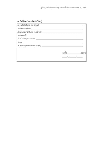 คูมือครู แผนการจัดการเรียนรู รายวิชาเพิ่มเติม อาเซียนศึกษา ป. 4–6 115




10. บันทึกหลังการจัดการเรียนรู
1. ความสําเร็จในการจัดการเรียนรู
  แนวทางการพัฒนา
2. ปญหา/อุปสรรคในการจัดการเรียนรู
  แนวทางแกไข
3. สิ่งที่ไมไดปฏิบัตตามแผน
                      ิ
  เหตุผล
4. การปรับปรุงแผนการจัดการเรียนรู

                                                                   ลงชื่อ                       ผูสอน
                                                                            /           /
 