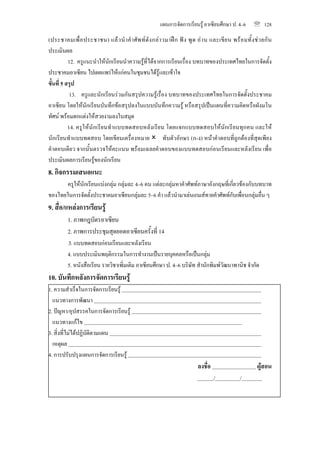 แผนการจัดการเรียนรู อาเซียนศึกษา ป. 4–6         ℡ 128

(ประชาคมเพื่ อ ประชาชน) แล ว นํ า คํ า ศั พ ท ดั ง กล า วมาฝ ก ฟ ง พู ด อ า น และเขี ย น พร อ มทั้ ง ช ว ยกั น
ประเมินผล
           12. ครูแนะนําใหนักเรียนนําความรูที่ไดจากการเรียนเรื่อง บทบาทของประเทศไทยในการจัดตั้ง
ประชาคมอาเซียน ไปเผยแพรใหแกคนในชุมชนไดรูและเขาใจ
ขั้นที่ 5 สรุป
            13. ครูและนักเรียนรวมกันสรุปความรูเรื่อง บทบาทของประเทศไทยในการจัดตั้งประชาคม
อาเซียน โดยใหนักเรียนบันทึกขอสรุปลงในแบบบันทึกความรู หรือสรุปเปนแผนที่ความคิดหรือผังมโน
ทัศน พรอมตกแตงใหสวยงามลงในสมุด
           14. ครูใหนักเรียนทําแบบทดสอบหลังเรียน โดยแจกแบบทดสอบใหนักเรียนทุกคน และให
นักเรียนทําแบบทดสอบ โดยเขียนเครื่องหมาย                    ทับตัวอักษร (ก−ง) หนาคําตอบที่ถูกตองที่สุดเพียง
คําตอบเดียว จากนั้นตรวจใหคะแนน พรอมเฉลยคําตอบของแบบทดสอบกอนเรียนและหลังเรียน เพื่อ
ประเมินผลการเรียนรูของนักเรียน
8. กิจกรรมเสนอแนะ
       ครูใหนักเรียนแบงกลุม กลุมละ 4–6 คน แตละกลุมหาคําศัพทภาษาอังกฤษที่เกี่ยวของกับบทบาท
ของไทยในการจัดตั้งประชาคมอาเซียนกลุมละ 5–6 คํา แลวนํามาเลนเกมสทายคําศัพทกับเพื่อนกลุมอื่น ๆ
9. สื่อ/แหลงการเรียนรู
          1. ภาพกฎบัตรอาเซียน
          2. ภาพการประชุมสุดยอดอาเซียนครั้งที่ 14
          3. แบบทดสอบกอนเรียนและหลังเรียน
          4. แบบประเมินพฤติกรรมในการทํางานเปนรายบุคคลหรือเปนกลุม
          5. หนังสือเรียน รายวิชาเพิ่มเติม อาเซียนศึกษา ป. 4–6 บริษัท สํานักพิมพวัฒนาพานิช จํากัด
10. บันทึกหลังการจัดการเรียนรู
1. ความสําเร็จในการจัดการเรียนรู
  แนวทางการพัฒนา
2. ปญหา/อุปสรรคในการจัดการเรียนรู
  แนวทางแกไข
3. สิ่งที่ไมไดปฏิบัตตามแผน
                      ิ
  เหตุผล
4. การปรับปรุงแผนการจัดการเรียนรู
                                                                              ลงชื่อ                          ผูสอน
                                                                                       /             /
 