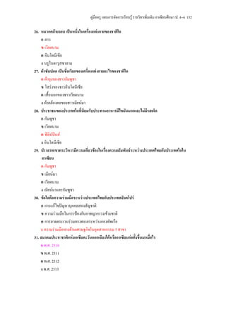 คูมือครู แผนการจัดการเรียนรู รายวิชาเพิ่มเติม อาเซียนศึกษา ป. 4–6 152

26. หมวกคลายงอบ เปนหนึ่งในเครื่องแตงกายของชาติใด
    ก ลาว
    ข เวียดนาม
    ค อินโดนีเซีย
    ง บรูไนดารุสซาลาม
27. ผาซัมปอด เปนชื่อเรียกของเครื่องแตงกายอะไรของชาติใด
    ก ผาถุงของชาวกัมพูชา
    ข โสรงของชาวอินโดนีเซีย
    ค เสื้อนอกของชาวเวียดนาม
    ง ผาคลองคอของชาวเมียนมา
28. ประชาชนของประเทศใดที่นยมรับประทานอาหารมีไขมันมากและไมมีรสเผ็ด
                               ิ
    ก กัมพูชา
    ข เวียดนาม
    ค ฟลิปปนส
    ง อินโดนีเซีย
29. ปราสาทเขาพระวิหารมีความเกี่ยวของในเรื่องความสัมพันธระหวางประเทศไทยกับประเทศใดใน
     อาเซียน
    ก กัมพูชา
    ข เมียนมา
    ค เวียดนาม
    ง เมียนมาและกัมพูชา
30. ขอใดคือความรวมมือระหวางประเทศไทยกับประเทศสิงคโปร
    ก การแกไขปญหาบุคคลสองสัญชาติ
    ข ความรวมมือในการปองกันอาชญากรรมขามชาติ
    ค การลาดตระเวนรวมทางทะเลระหวางกองทัพเรือ
    ง ความรวมมือทางดานเศรษฐกิจในอุตสาหกรรม 5 สาขา
31. สมาคมประชาชาติแหงเอเชียตะวันออกเฉียงใตหรืออาเซียนกอตั้งขึ้นมาเมื่อไร
    ก พ.ศ. 2510
    ข พ.ศ. 2511
    ค พ.ศ. 2512
    ง พ.ศ. 2513
 