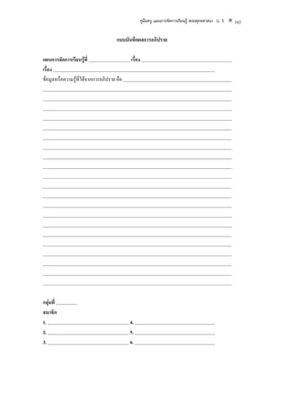 คูมือครู แผนการจัดการเรียนรู พระพุทธศาสนา ป. 5   165

                                     แบบบันทึกผลการอภิปราย

แผนการจัดการเรียนรูที่                    เรื่อง
เรื่อง
ขอมูลหรือความรูที่ไดจากการอภิปราย คือ




กลุมที่
สมาชิก
1.                                         4.
2.                                         5.
3.                                         6.
 