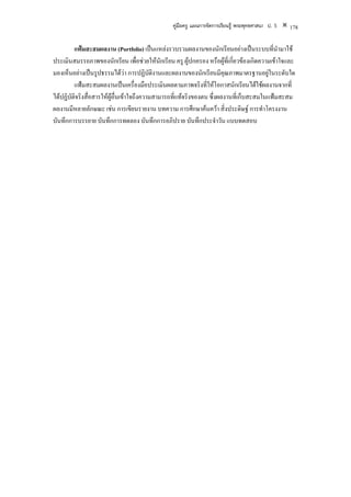 คูมือครู แผนการจัดการเรียนรู พระพุทธศาสนา ป. 5   178

         แฟมสะสมผลงาน (Portfolio) เปนแหลงรวบรวมผลงานของนักเรียนอยางเปนระบบที่นํามาใช
ประเมินสมรรถภาพของนักเรียน เพื่อชวยใหนักเรียน ครู ผูปกครอง หรือผูที่เกี่ยวของเกิดความเขาใจและ
มองเห็นอยางเปนรูปธรรมไดวา การปฏิบัติงานและผลงานของนักเรียนมีคณภาพมาตรฐานอยูในระดับใด
                                                                       ุ
         แฟมสะสมผลงานเปนเครื่องมือประเมินผลตามภาพจริงที่ใหโอกาสนักเรียนไดใชผลงานจากที่
ไดปฏิบัติจริงสื่อสารใหผูอ่นเขาใจถึงความสามารถที่แทจริงของตน ซึ่งผลงานที่เก็บสะสมในแฟมสะสม
                             ื
ผลงานมีหลายลักษณะ เชน การเขียนรายงาน บทความ การศึกษาคนควา สิ่งประดิษฐ การทําโครงงาน
บันทึกการบรรยาย บันทึกการทดลอง บันทึกการอภิปราย บันทึกประจําวัน แบบทดสอบ
 