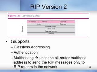 RIP Version 2

• It supports
– Classless Addressing
– Authentication
– Multicasting  uses the all-router multicast
address to send the RIP messages only to
RIP routers in the network.

42

 